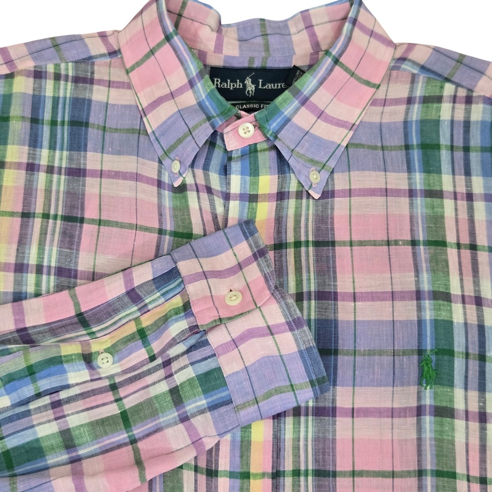 Ralph Lauren Mens XL Linen Button Down Shirt Pink Plaid Classic Fit L/S Preppy